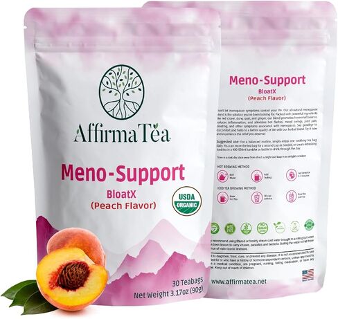 AffirmaTea Meno-Support BloatX | الإغاثة الطبيعية من أعراض انقطاع الطمث | الانتفاخ وتقلب المزاج وعدم التوازن الهرموني | مع البرسيم الأحمر ودونغ كاي | بوها نكهة التوت | 30 كيس شاي in Kuwait