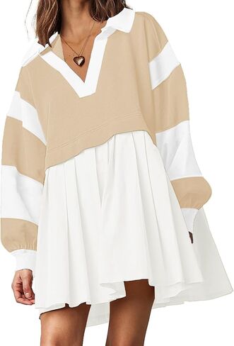 SAUKOLE Women’s Oversized Casual Sweatshirt Patchwork Dress Fall Long Sleeve Trendy Lapel Neck Pleated Mini Dress in Saudi Arabia