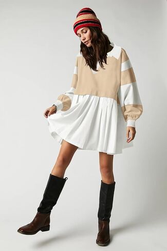 SAUKOLE Women’s Oversized Casual Sweatshirt Patchwork Dress Fall Long Sleeve Trendy Lapel Neck Pleated Mini Dress in Saudi Arabia