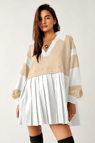 SAUKOLE Women’s Oversized Casual Sweatshirt Patchwork Dress Fall Long Sleeve Trendy Lapel Neck Pleated Mini Dress in Saudi Arabia