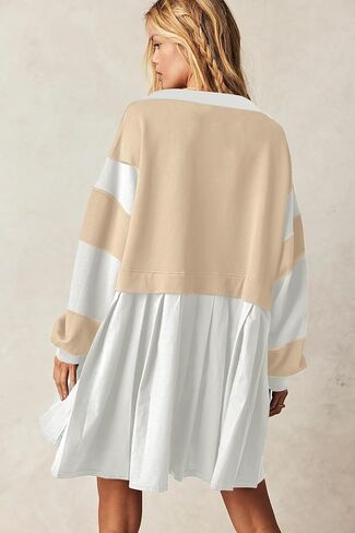SAUKOLE Women’s Oversized Casual Sweatshirt Patchwork Dress Fall Long Sleeve Trendy Lapel Neck Pleated Mini Dress in Saudi Arabia