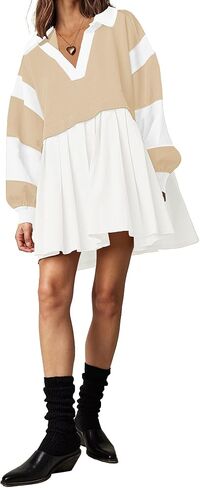 SAUKOLE Women’s Oversized Casual Sweatshirt Patchwork Dress Fall Long Sleeve Trendy Lapel Neck Pleated Mini Dress in Saudi Arabia