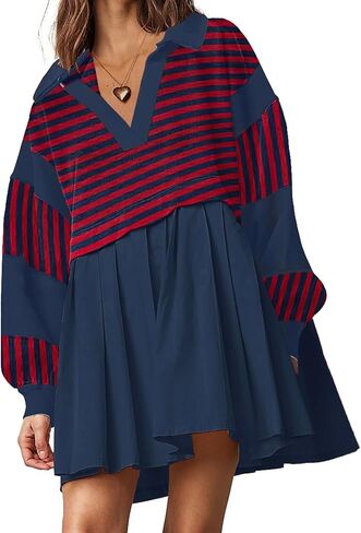 SAUKOLE Women’s Oversized Casual Sweatshirt Patchwork Dress Fall Long Sleeve Trendy Lapel Neck Pleated Mini Dress in Saudi Arabia