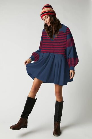 SAUKOLE Women’s Oversized Casual Sweatshirt Patchwork Dress Fall Long Sleeve Trendy Lapel Neck Pleated Mini Dress in Saudi Arabia