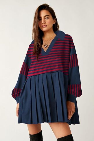 SAUKOLE Women’s Oversized Casual Sweatshirt Patchwork Dress Fall Long Sleeve Trendy Lapel Neck Pleated Mini Dress in Saudi Arabia