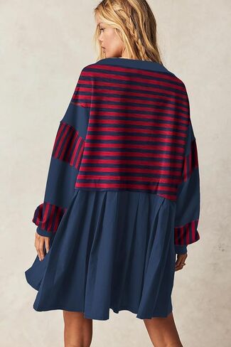 SAUKOLE Women’s Oversized Casual Sweatshirt Patchwork Dress Fall Long Sleeve Trendy Lapel Neck Pleated Mini Dress in Saudi Arabia