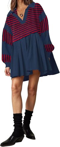 SAUKOLE Women’s Oversized Casual Sweatshirt Patchwork Dress Fall Long Sleeve Trendy Lapel Neck Pleated Mini Dress in Saudi Arabia