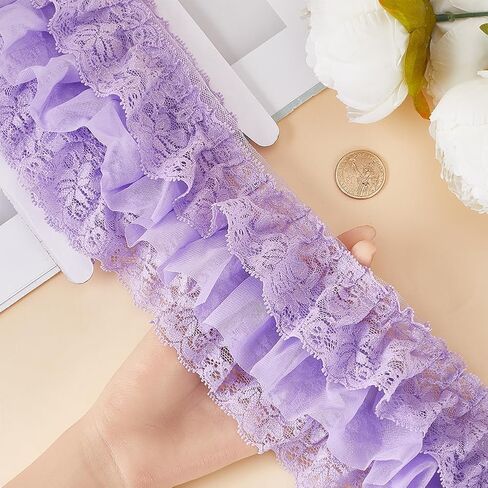 GORGECRAFT 2 Yards 3-Layer Pleated Lace Trim 11cm Wide Ruffled Lace Ribbon Floral Embroidered Gathered Edging Trimmings with 5.5cm Width Tulle Chiffon Fabric for DIY Sewing Craft Dress Gown, Lilac in Saudi Arabia