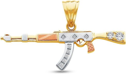 14K Tri 3 Color Gold Diamond-Cut Ornate AK-47 Rifle Gun Charm Pendant with CZ Cubic Zirconia Accents (20x65 mm) in Saudi Arabia