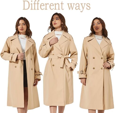 Women's Double Breasted Long Trench Coat Windproof Classic Lapel | Side Pocket Thin Coat With Belt. in Saudi Arabia