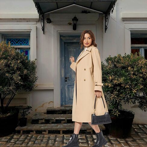 Women's Double Breasted Long Trench Coat Windproof Classic Lapel | Side Pocket Thin Coat With Belt. in Saudi Arabia