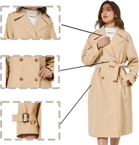 Women's Double Breasted Long Trench Coat Windproof Classic Lapel | Side Pocket Thin Coat With Belt. in Saudi Arabia