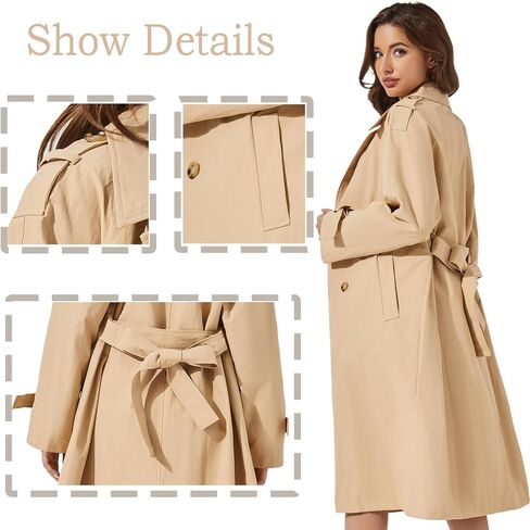 Women's Double Breasted Long Trench Coat Windproof Classic Lapel | Side Pocket Thin Coat With Belt. in Saudi Arabia
