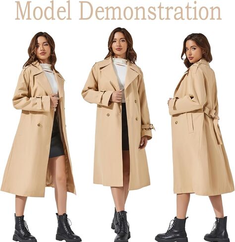 Women's Double Breasted Long Trench Coat Windproof Classic Lapel | Side Pocket Thin Coat With Belt. in Saudi Arabia