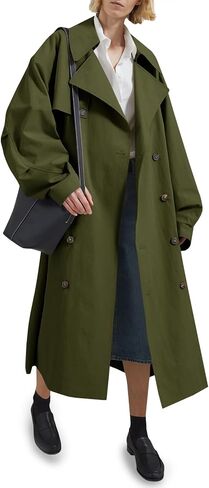Tankaneo Womens Double Breasted Long Trench Coat Oversized Classic Lapel Belted Overcoat in Kuwait
