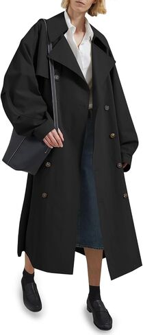 Tankaneo Womens Double Breasted Long Trench Coat Oversized Classic Lapel Belted Overcoat in Kuwait
