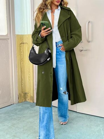 Tankaneo Womens Double Breasted Long Trench Coat Oversized Classic Lapel Belted Overcoat in Kuwait