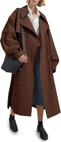 Tankaneo Womens Double Breasted Long Trench Coat Oversized Classic Lapel Belted Overcoat in Kuwait