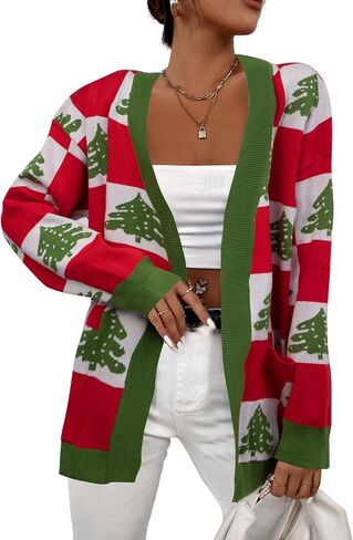 Ugly Christmas Sweater Christmas Cardigan Checkered Sweaters Knit Cardigans for Women Xmas Open Front Outwear Coat in Saudi Arabia