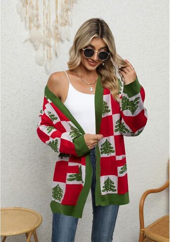 Ugly Christmas Sweater Christmas Cardigan Checkered Sweaters Knit Cardigans for Women Xmas Open Front Outwear Coat in Saudi Arabia