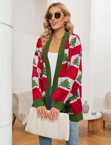 Ugly Christmas Sweater Christmas Cardigan Checkered Sweaters Knit Cardigans for Women Xmas Open Front Outwear Coat in Saudi Arabia