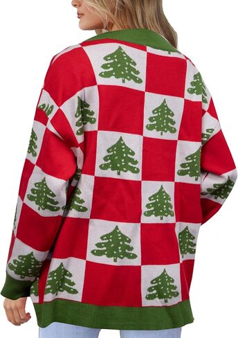 Ugly Christmas Sweater Christmas Cardigan Checkered Sweaters Knit Cardigans for Women Xmas Open Front Outwear Coat in Saudi Arabia
