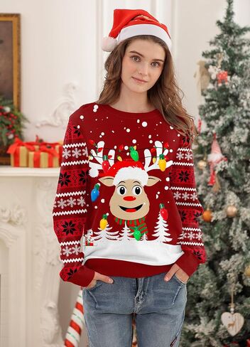 Women Ugly Christmas Sweater Funny Light Up Long Sleeve Jumper Sweater in Saudi Arabia