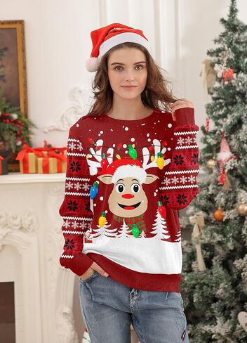 Women Ugly Christmas Sweater Funny Light Up Long Sleeve Jumper Sweater in Saudi Arabia