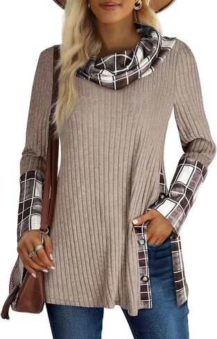 Miusey Women's Cowl Neck Pullover Sweaters Trendy Long Sleeve Lightweight Sweatshirts Side Split Tunic Tops with Buttons in Kuwait