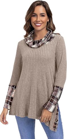 Miusey Women's Cowl Neck Pullover Sweaters Trendy Long Sleeve Lightweight Sweatshirts Side Split Tunic Tops with Buttons in Kuwait
