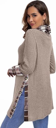 Miusey Women's Cowl Neck Pullover Sweaters Trendy Long Sleeve Lightweight Sweatshirts Side Split Tunic Tops with Buttons in Kuwait
