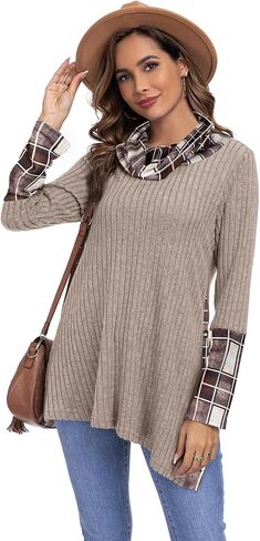 Miusey Women's Cowl Neck Pullover Sweaters Trendy Long Sleeve Lightweight Sweatshirts Side Split Tunic Tops with Buttons in Kuwait