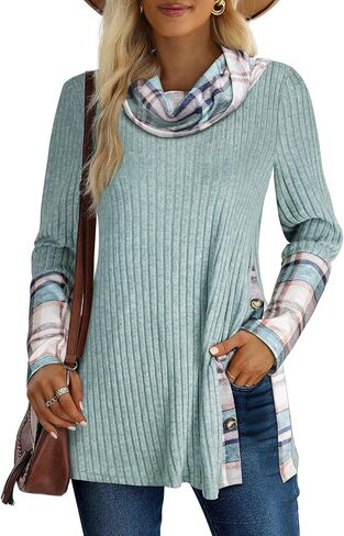 Miusey Women's Cowl Neck Pullover Sweaters Trendy Long Sleeve Lightweight Sweatshirts Side Split Tunic Tops with Buttons in Kuwait