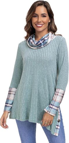 Miusey Women's Cowl Neck Pullover Sweaters Trendy Long Sleeve Lightweight Sweatshirts Side Split Tunic Tops with Buttons in Kuwait