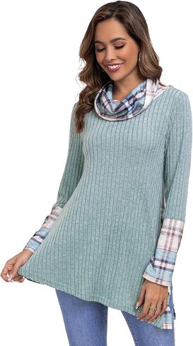 Miusey Women's Cowl Neck Pullover Sweaters Trendy Long Sleeve Lightweight Sweatshirts Side Split Tunic Tops with Buttons in Kuwait