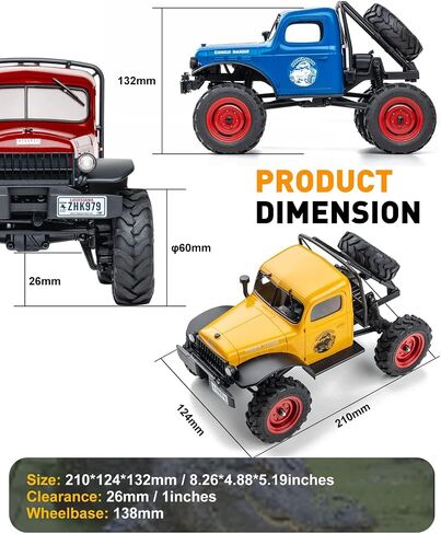 FCX24 RC Crawler 1/24 سيارة تحكم عن بعد، Power Wagon 4WD RC Crawler ثنائي السرعة، RC Rock Crawler 8Km/ساعة مع تروس معدنية لمحور البوابة للبالغين (أصفر) in Saudi Arabia