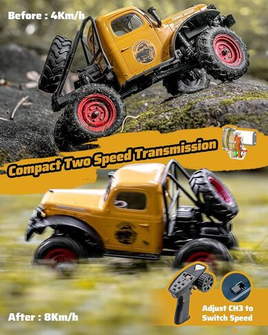 FCX24 RC Crawler 1/24 سيارة تحكم عن بعد، Power Wagon 4WD RC Crawler ثنائي السرعة، RC Rock Crawler 8Km/ساعة مع تروس معدنية لمحور البوابة للبالغين (أصفر) in Saudi Arabia