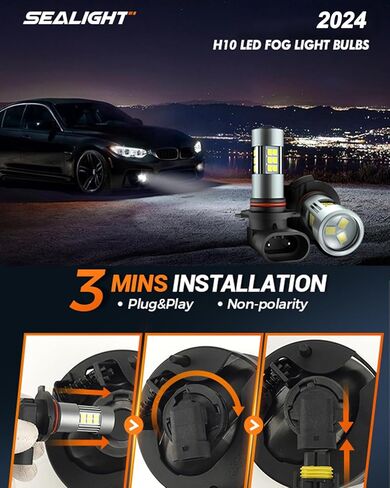 SEALIGHT H10 9145 LED Fog Light Bulbs, 360-Degree Illumination H10/9145/9140 LED Bulb Fog Light Bulbs, 6000k Xenon White 9040 9045 9140 Fog Lights LED 1:1 Matching Design for Car Trucks, Pack of 2 in Saudi Arabia