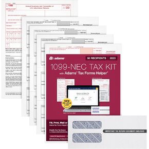 Adams 2024 1099 NEC Tax Forms Kit for 50 Recipients, 3-Part 1099 Forms, 6 1096 Forms, Self Seal Envelopes, Access to Adams Tax Forms Helper (1009315)