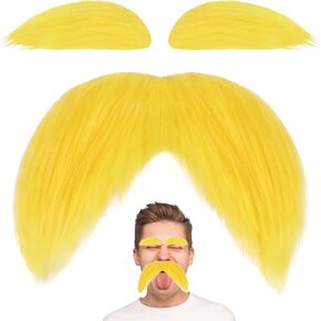 Yellow Mustache and Eyebrows, Self-Adhesive Fake Beard for Adults, Novelty Mustaches for Halloween Costumes, Cosplay, Funny Party Accessories for Men Women