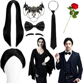8 Pcs Halloween Couple Costume Accessories Set Include Black Wig Moustache Tie Bowtie Straight Wig Necklace and Red Rose
