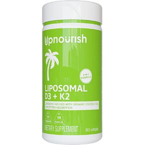 UpNourish Certified Vegan Vitamin D3 5000 IU K2 MK4 MK7 500 mcg Supplement, 150 Softgels, Plant Based Liposomal Vitamin D K with Organic Coconut Oil, Non GMO, Gluten and Gelatin Free