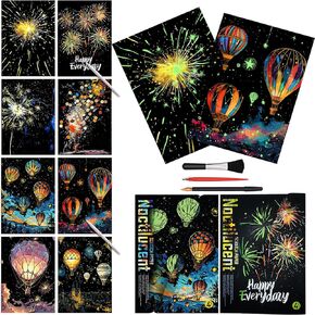 Scratch Paper Art Scratchboard for Adult-Luminous-Scratch Painting Kits for Adults, Noctilucent Adult Crafts with Scratchboard Tools A4 Rainbow Painting Scratch Paper（Fireworks&Hot-air balloons）
