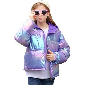 Idgreatim 5-12T Girls Puffy Coats Kids Metallic Hooded Jacket Warm Winter Outerwear with Pockets