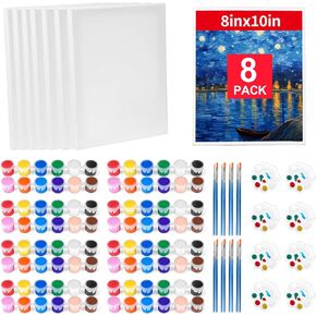 8 Pack 8 * 10In Stretched Canvas for Painting, Art Canvas for Drawing with 16 Pack Paints, Mini Painting Canvas with 8 Color Palettes Set, Painting Kits for Adults & Kids Party
