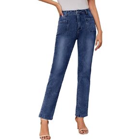 Metietila Women's High Waisted Jeans with Patch Pockets Straight Leg Jeans Stretchy Denim Pants for Women