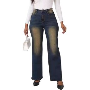 Women's Straight Leg Jeans Stretch High Waisted Wide Leg Jeans Distressed Y2k Boyfriend Baggy Denim Pants