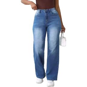 Women's Straight Leg Jeans Stretch High Waisted Wide Leg Jeans Distressed Y2k Boyfriend Baggy Denim Pants