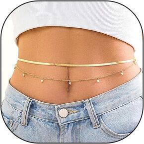 Layered Body Chains for Women,14K Gold Plated Pearl Beaded Waist Chains Bohemian Beach Waist Minimalist Bikini Pearl Belly Body Jewelry Gifts