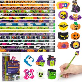 Halloween Themed 16 Pencils with 16 Giant Eraser Toppers in Assorted Designs Stationery Pencil Set for Halloween Goody Bag Filler Kids Classroom Gift Prize Rewards & Party Favor Designs Vary